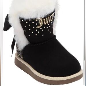 Juicy Couture Black Boots with White Fur and Gold Accents